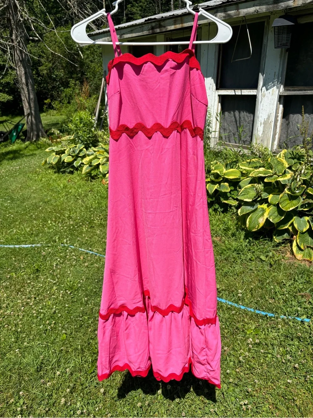 Pink Maxi Sundress with Red Trim